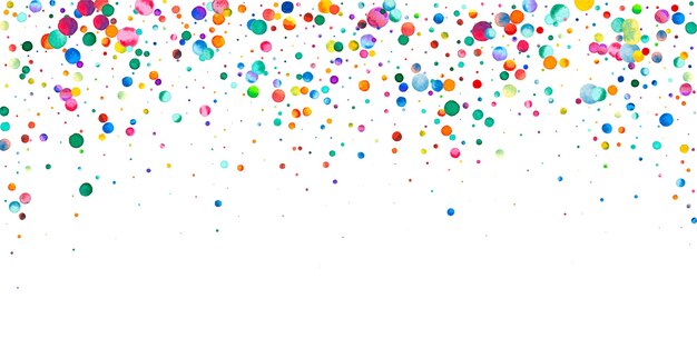 Coriandoli dell'acquerello su fondo bianco. Adorabili puntini colorati arcobaleno. Felice celebrazione ampia carta luminosa colorata. Coriandoli dipinti a mano ineguagliabili.
