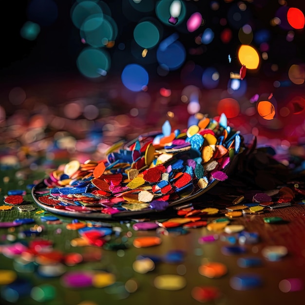 Coriandoli luminosi multicolori su uno sfondo con effetto bokeh Texture glamour astratta per la festa generata ai