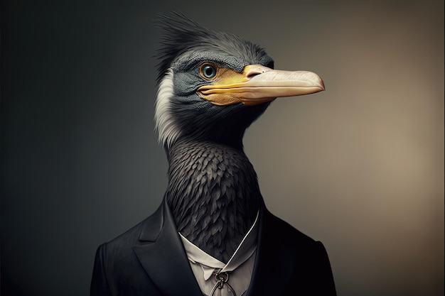 Cormorano in abito nero formale Animali umanizzati aspetto gradevole lussuoso cravatta telefono sfondi stile ufficiale illustrazioni ad alta risoluzione arte AI