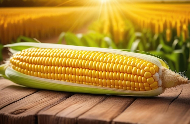 Corn cob maturo su un tavolo di legno che raccoglie il campo di mais giardino di verdure sullo sfondo cibo sano e agricoltura biologica giorno di sole