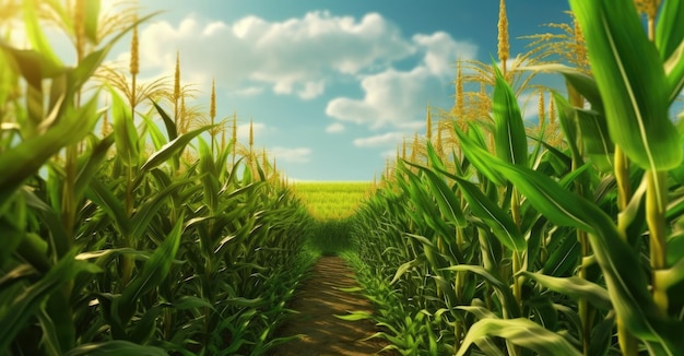 Corn cobs in un campo di piantagione di mais creato con la tecnologia Generative AI