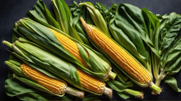 Corn on the cob con erbe fresche su un tavolo di legno con rosmarino