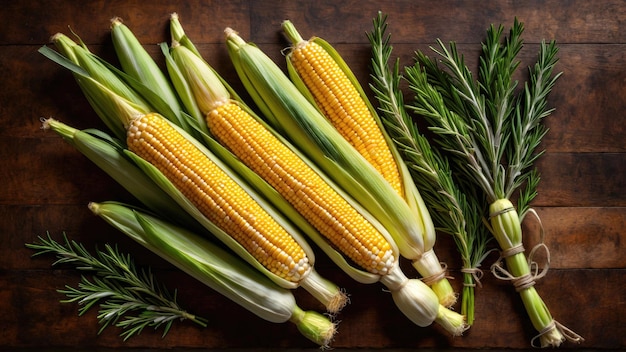 Corn on the cob con erbe fresche su un tavolo di legno con rosmarino