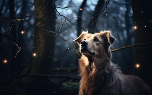 Corna luminose su un cane Una magica scena notturna stellata