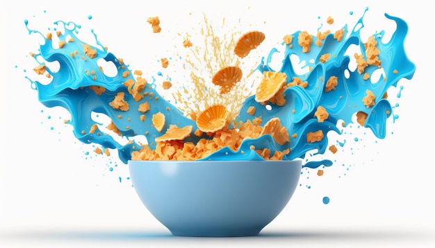 Cornflakes in ciotola blu Cereali per la colazione con spruzzi di latte isolati su sfondo bianco Generativo ai