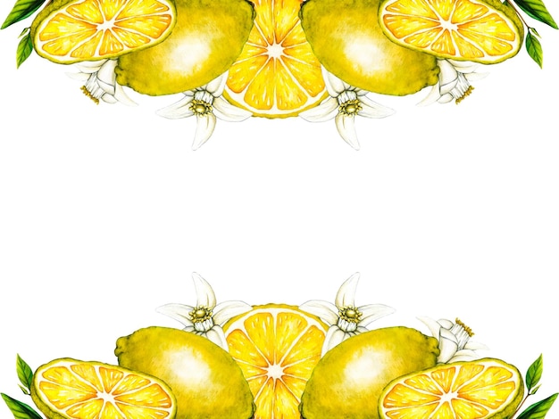 Cornice ad acquerello fetta di limone Illustrazione botanica disegnata a mano di agrumi gialli isolati su sfondo bianco Oggetti clipart per carte pacchetto di design e decorazione