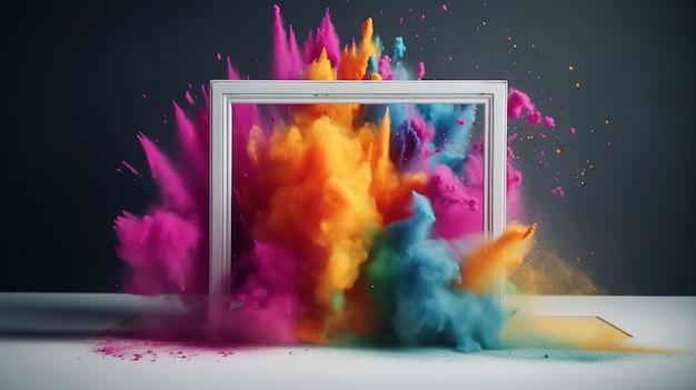 Cornice AI generativa con colorata polvere di vernice holi esplosione creativa spruzzata nuvola multicolore