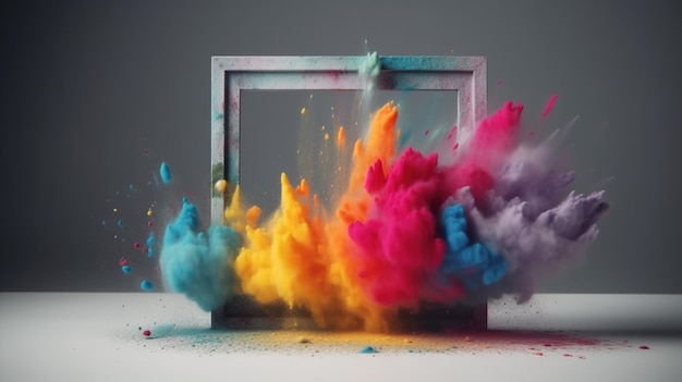 Cornice AI generativa con colorata polvere di vernice holi esplosione nuvola multicolore spruzzata creativa