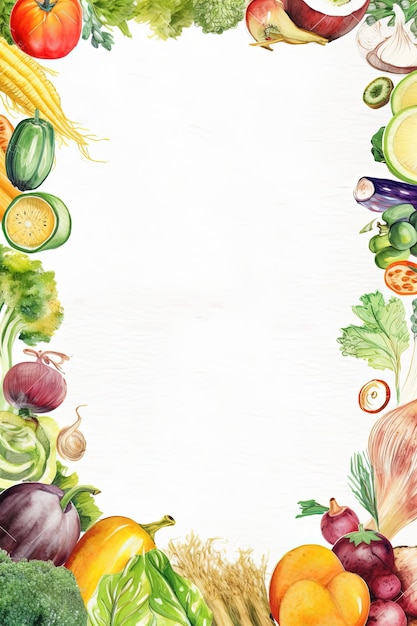 Cornice alimentare sana con verdure fresche Illustrazione disegnata a mano ad acquerello Luogo per il testo Modello di biglietto di auguri