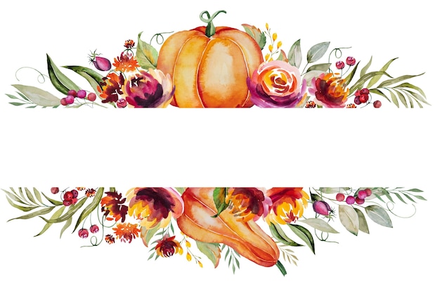 Cornice autunnale ad acquerello fatta di zucca, bacche, fiori colorati e foglie isolate