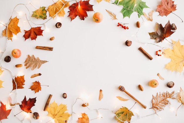 Cornice autunnale fatta di foglie autunnali e cose su sfondo bianco vista dall'alto