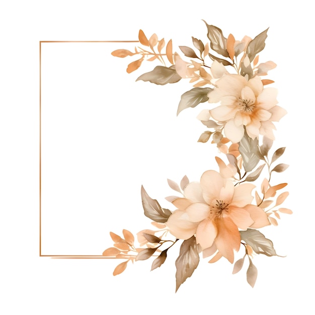 Cornice beige isolata di fiori e foglie dell'acquerello su sfondo bianco ad alta risoluzione