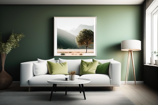 Cornice bianca per poster di grandi dimensioni, bordo in legno, in un moderno e lussuoso soggiorno con divano verde salvia c