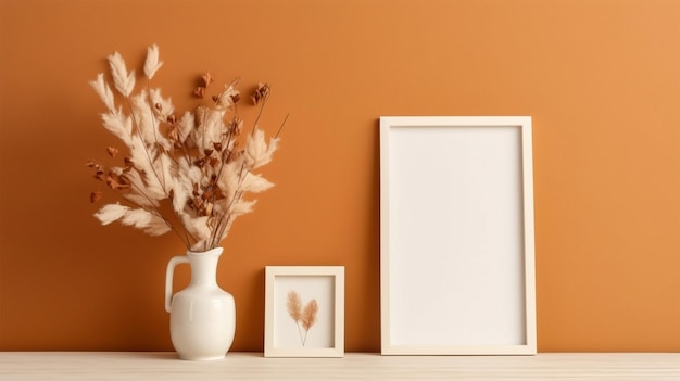 Cornice bianca su una parete arancione pastello in un appartamento minimalista libero da disordine sfondi minimalisti sfondo di colore solido fiori secchi Generativo Ai