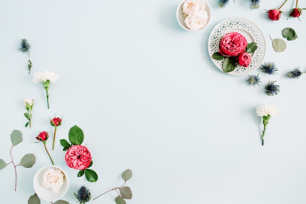 Cornice bordo fiori fatta di rose rosse e beige, garofano bianco e rami di eucalipto su azzurro pastello pallido