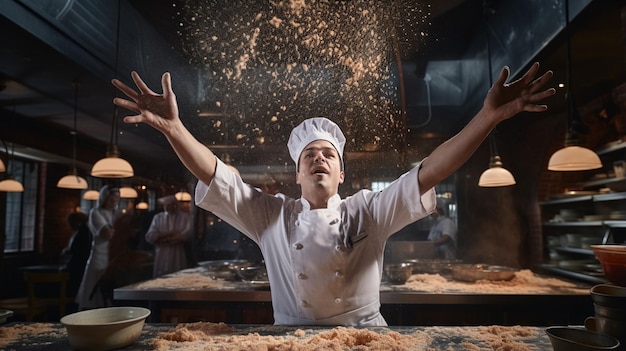 Cornice cinematografica Uno chef che lancia ad arte l'impasto della pizza