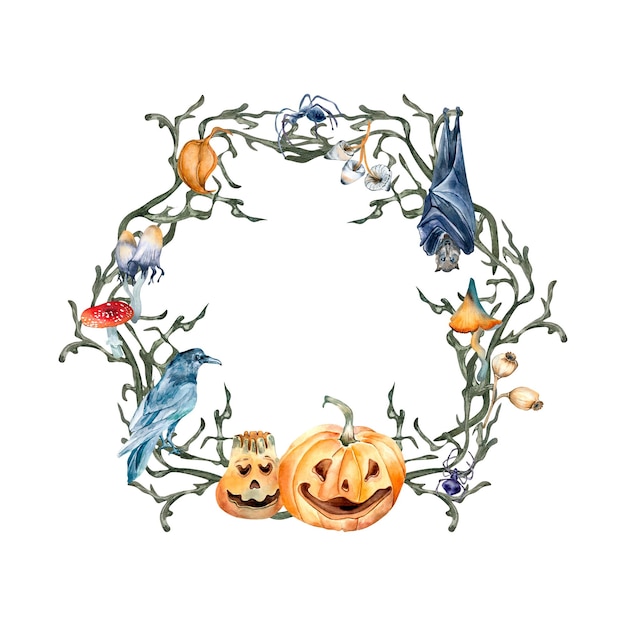 Cornice circolare con illustrazione dell'acquerello simbolo di Halloween isolata su bianco