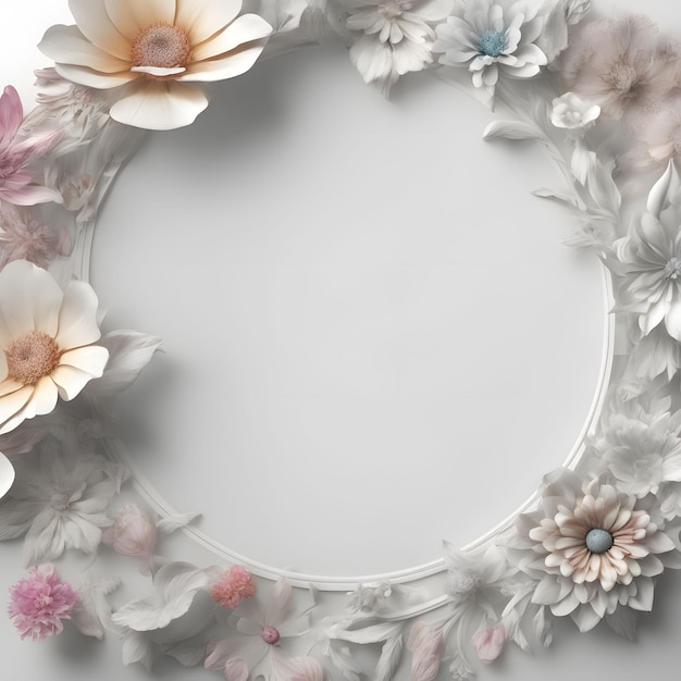Cornice circolare di fiori bianchi con sfondo bianco interno vuoto