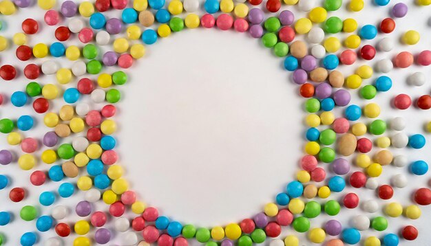 Cornice colorata di caramelle multicolori Caramelle rotonde sparse su sfondo bianco