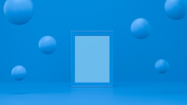 Cornice con bolla galleggiante su studio blu pastello. sfondo geometrico minimo forma sfondo astratto. rendering 3D.