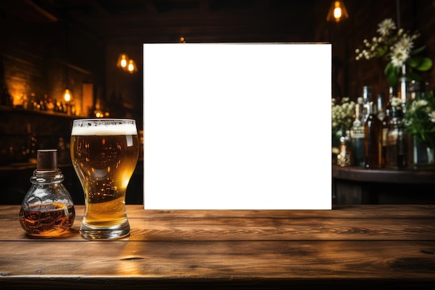 cornice con poster modello vuoto in bar birra su tavolo di legno con parete di mattoni e piante verdi