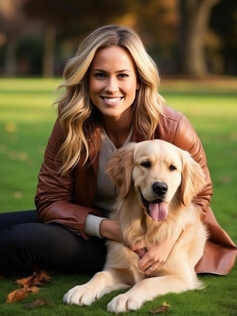 cornice con una bella ragazza con un bellissimo cane in un parco sull'erba verde