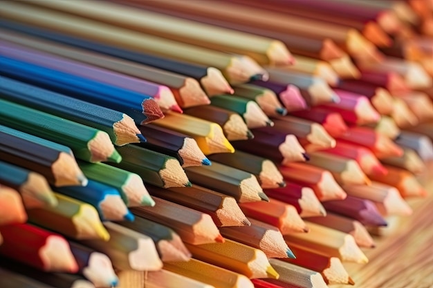Cornice con una collezione di matite colorate su un tavolo di legno
