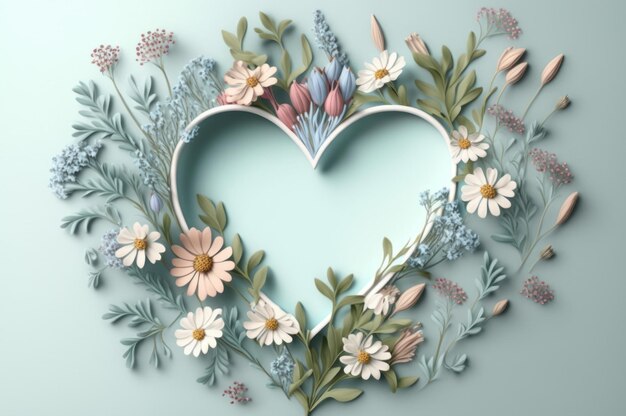 Cornice cuore con bel fiore selvatico su sfondo bianco