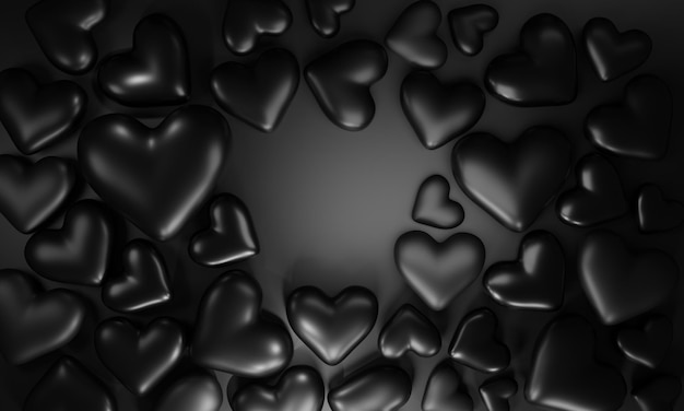 cornice cuore nero su sfondo nero. Tema di San Valentino cattivo, illustrazione 3d