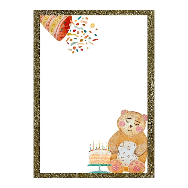Cornice d'oro orso petardo dolce schizzo carino. Un'illustrazione ad acquerello. Trama disegnata a mano. Isolato.