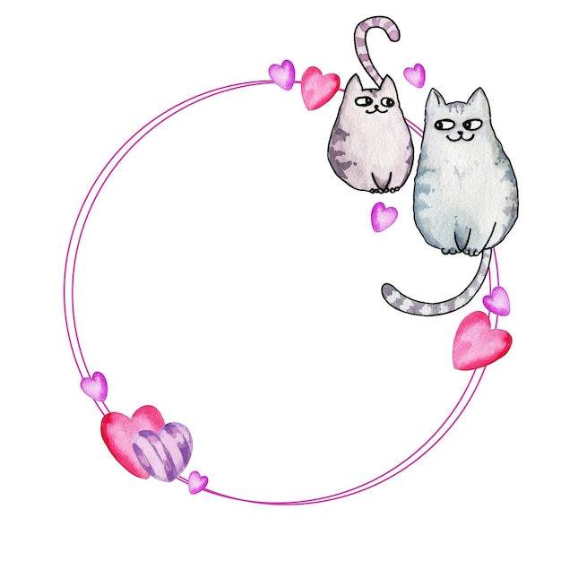 Cornice del cerchio dell'acquerello del tema del giorno di san valentino con il rosa dell'illustrazione di tiraggio della mano del cuore dei gatti svegli