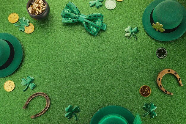 Cornice del giorno di san patrizio di monete d'oro trifogli e cappello leprechaun su uno sfondo verde scintillante