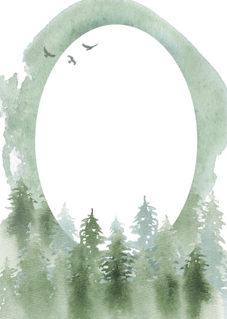 Cornice della foresta verde dell'acquerello, illustrazione dell'albero della foresta, paesaggio verde. Invito a nozze