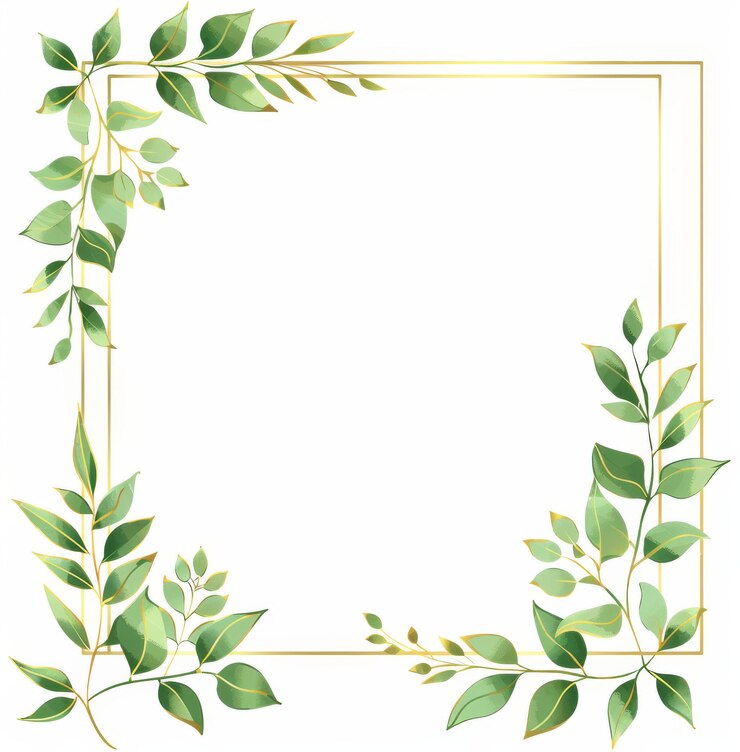 Foto cornice di cartoni animati disegnati a mano con foglie verdi e forme geometriche dorate