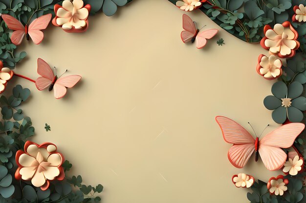 cornice di colore rosso di foglie di trifoglio visualizzare farfalle sfondo paesaggio 3D carta da parati