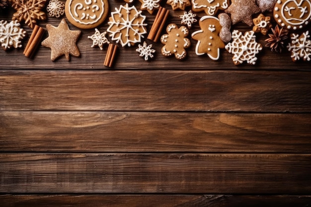 Cornice di composizione natalizia con biscotti allo zenzero e pan di zenzero su fondo di legno marrone