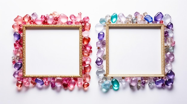 Cornice di cristalli e pietre preziose, vetro marino, colori blu e rosa