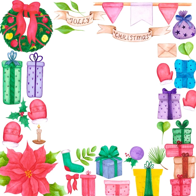 Cornice di elementi natalizi ad acquerello disegnati a mano Christmass e Capodanno simbolo elemento decorativo Scrapbook poster etichetta banner post card