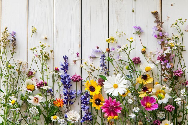 Cornice di fiori primaverili o fondo di legno rustico con bordo floreale con biglietti di invito a nozze con spazio vuoto o concetto di festa della mamma