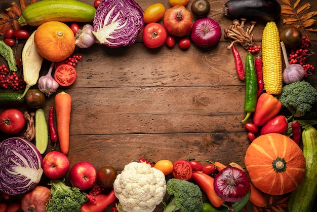 Cornice di frutta e verdura fresca su fondo in legno Raccolto autunnale e ricette di cibi sani vegani