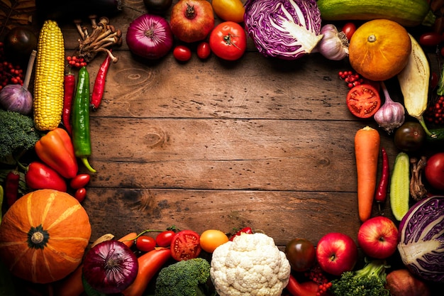 Cornice di frutta e verdura su uno sfondo di legno Sfondo rustico sul raccolto fresco e cibo sano