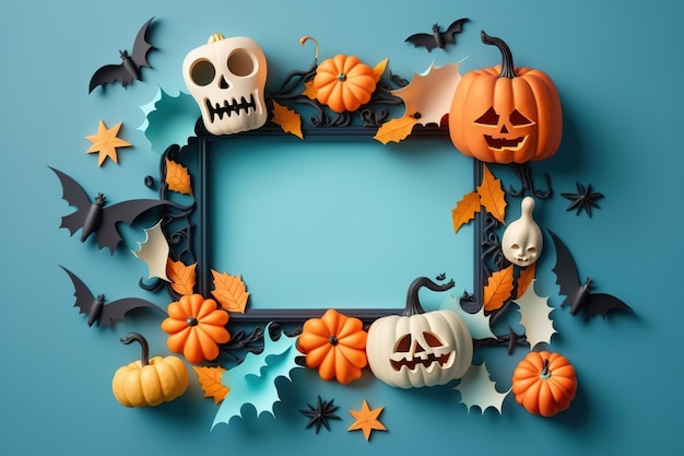 Cornice di Halloween con zucche e pipistrelli su sfondo blu