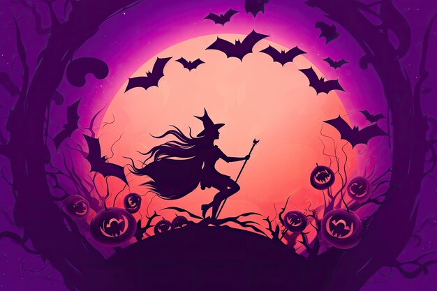 Cornice di Halloween con zucche jackolantern strega pipistrelli al suo interno immagine arancione viola