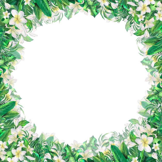 Cornice di illustrazione ad acquerello con foglie tropicali fiori di plumeria Matrimonio in spiaggia estate esotica Per menu design cartoline inviti presentazioni schede informative