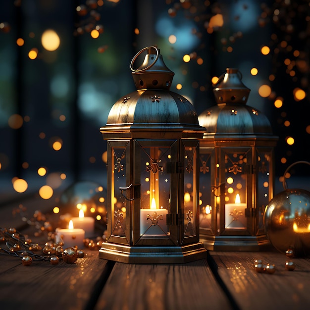 Cornice di lanterne luminose, ornamenti dorati e calde candele per decorazioni natalizie. Idee concettuali