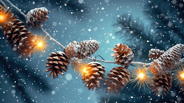 Cornice di layout creativo fatta di rami di abete di Natale, coni di pino e decorazione d'oro Generative Ai