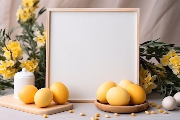 cornice di legno sul tavolo decorato per la Pasqua ai generato.