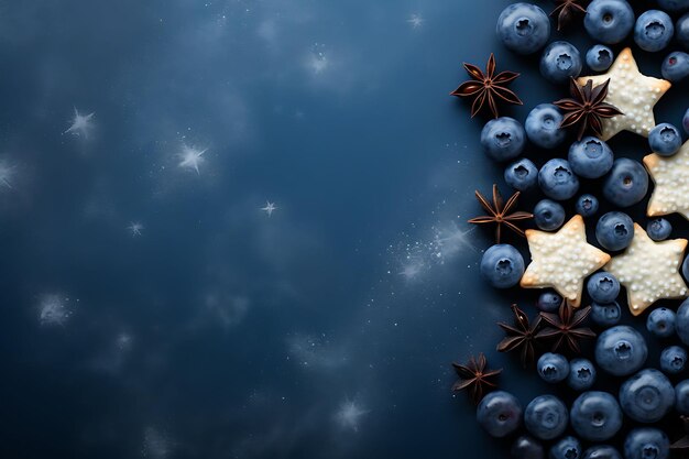 Cornice di marmellata di mirtilli con biscotti a forma di stella Decorazione cornice posteriore azzurra Arte di bellezza Vista dall'alto