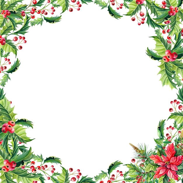 Cornice di Natale dell'acquerello con fiori rossi del poinsettia