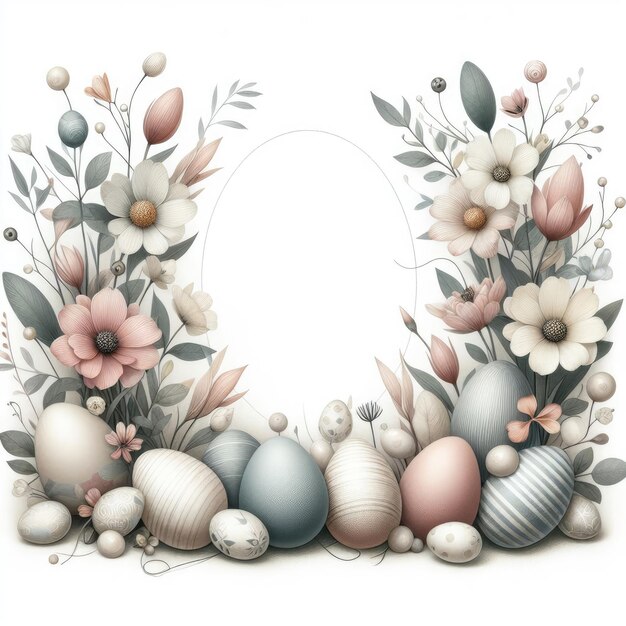 cornice di Pasqua con uova colorate e fiori